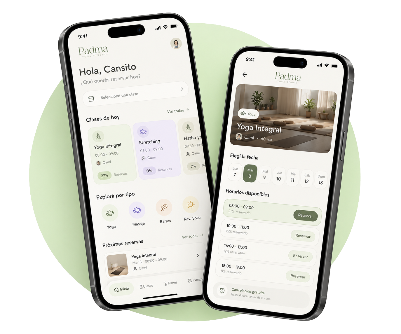 App de reservas en el celular: inicio y detalle de turno